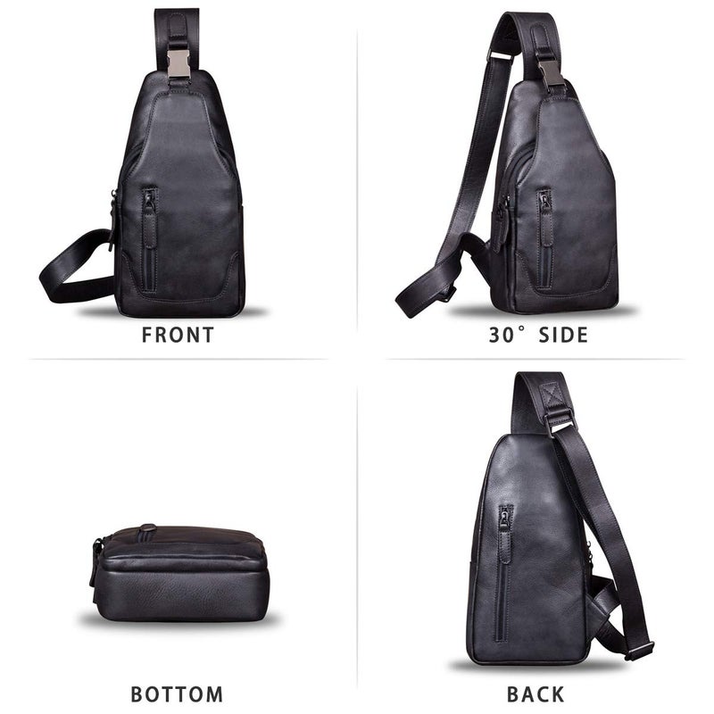 IVTG Genuine Leather Sling Bag for Men Chest Shoulder Crossbody Hiking Backpack Vintage Handmade Daypack (Black) - Image 4